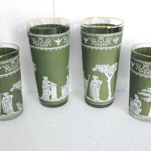 Set of 4 MCM Vtg Jeannette Green Hellenic Greek Drinking Glass Tumblers